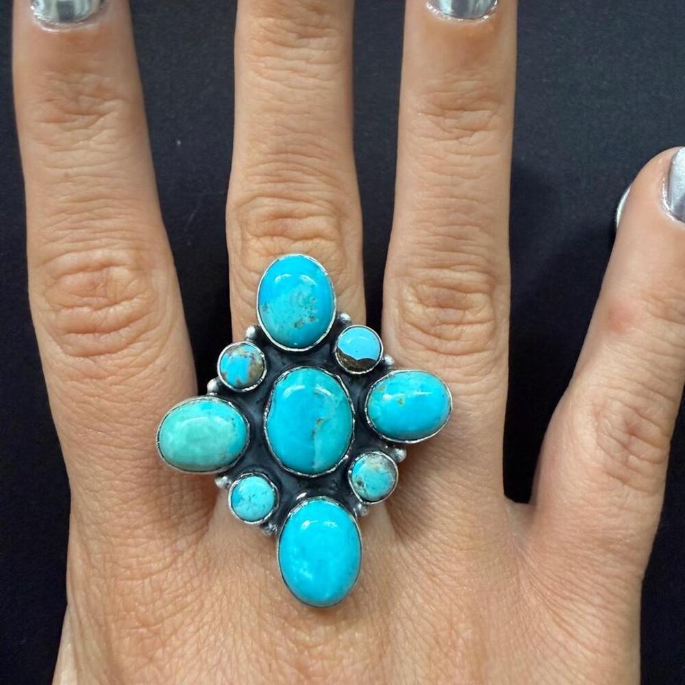 Massive sterling silver handmade kingman cluster ring. Adjustable